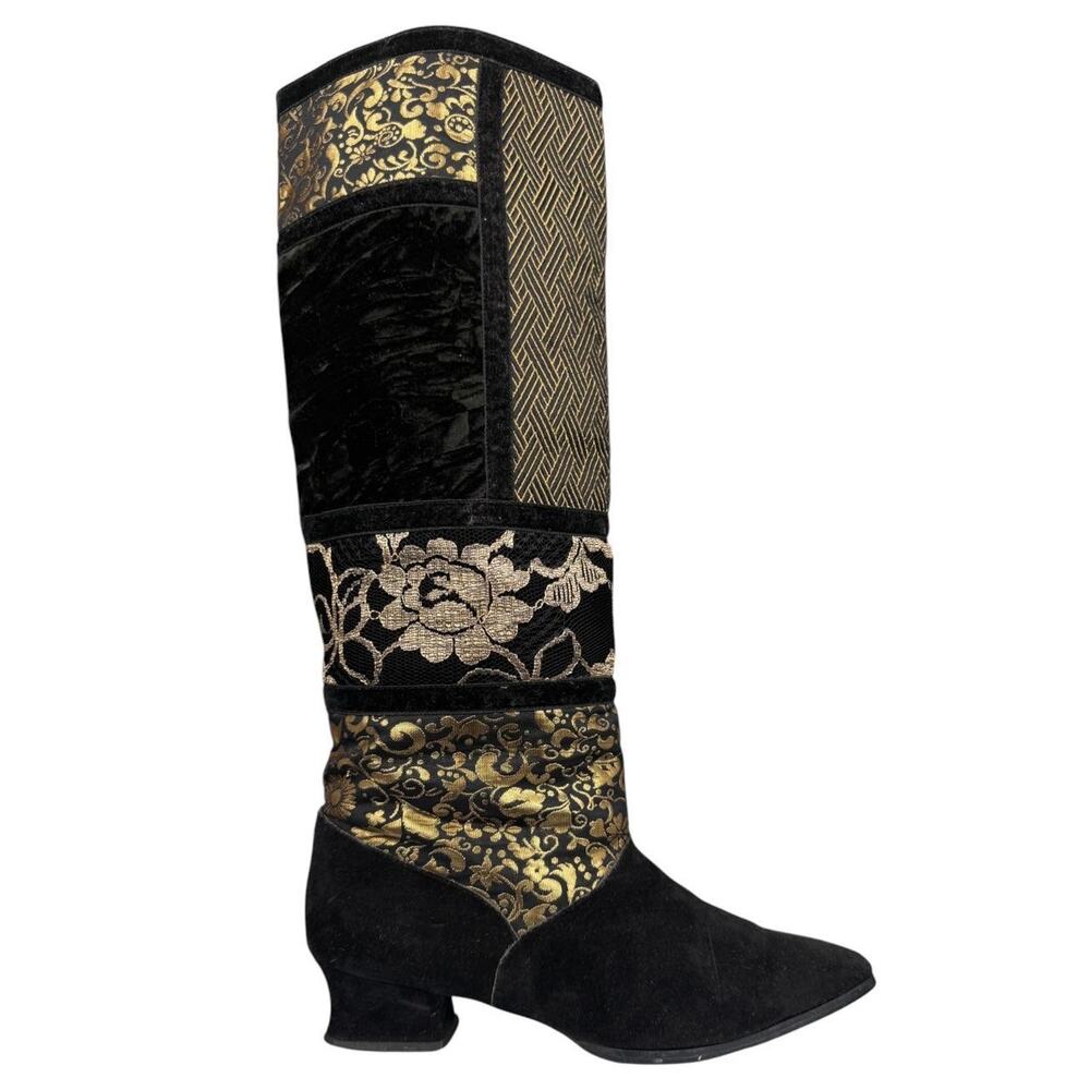 Vintage Black Suede & Gold Tapestry Knee-High Boots Velvet Brocade Statement 7B - Picture 5 of 8